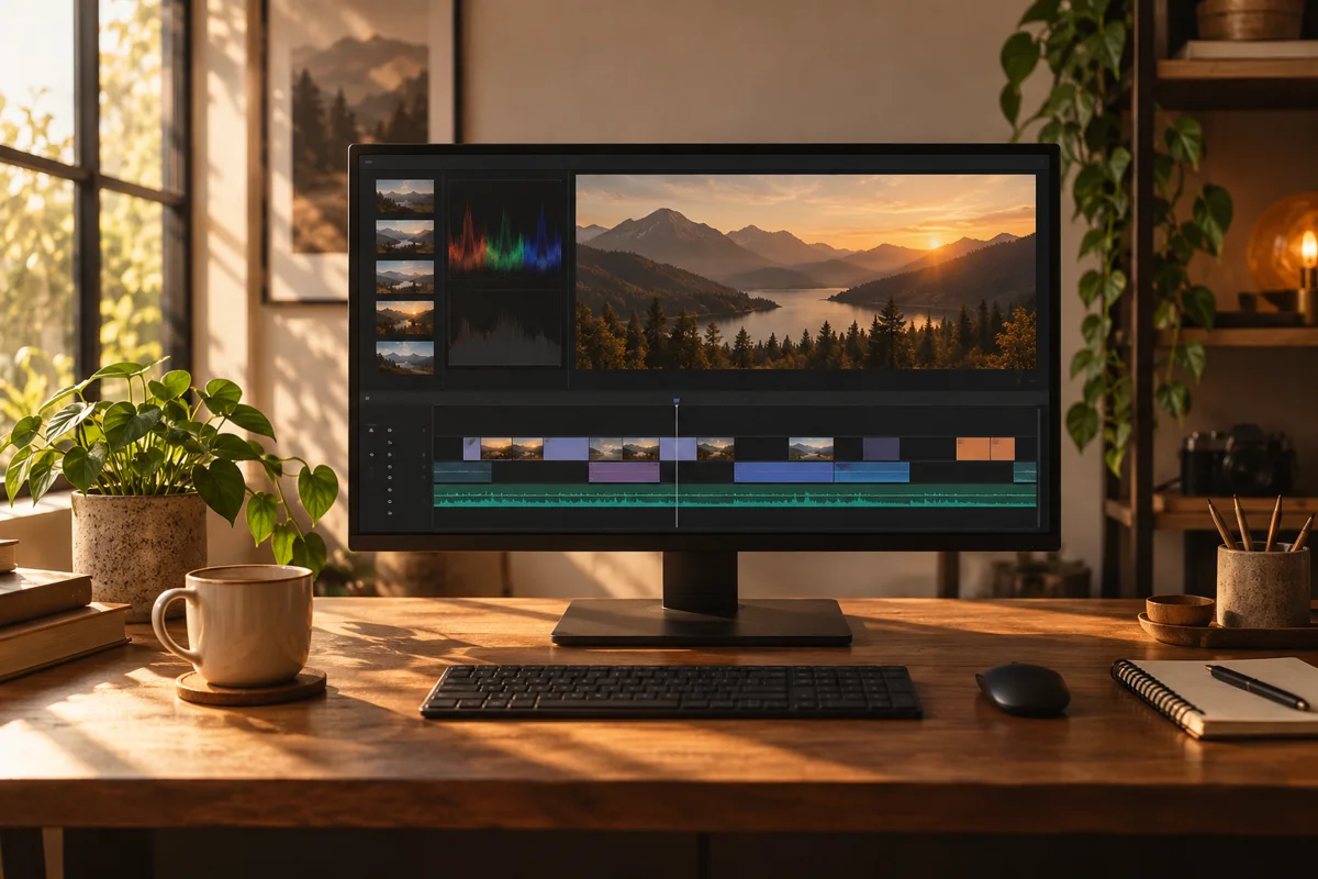 A warm editing desk with a monitor and a video timeline